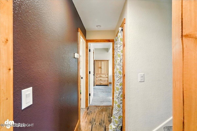 corridor featuring wood finished floors and a textured wall