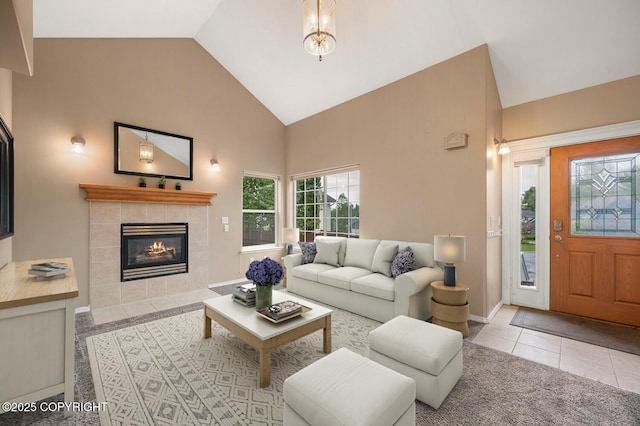 16422 Ondola Cir, Eagle River, AK 99577 - tiled living room with a tile fireplace and high vaulted ceiling