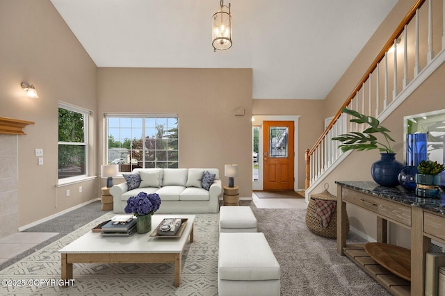 16422 Ondola Cir, Eagle River, AK 99577 - living room featuring stairway and lofted ceiling