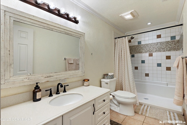 2435 N Ravens Flight Dr, Wasilla, AK 99654 - full bath featuring crown molding, tile patterned flooring, vanity, toilet, and a textured wall