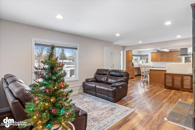living room with light wood-type flooring, recessed lighting, and baseboards