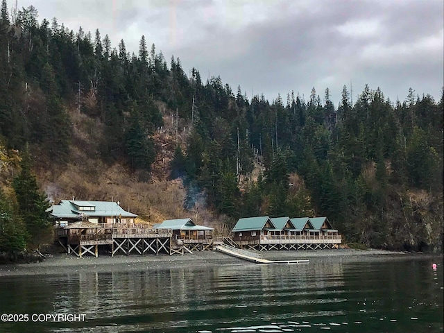 dock area with a forest view and a water view