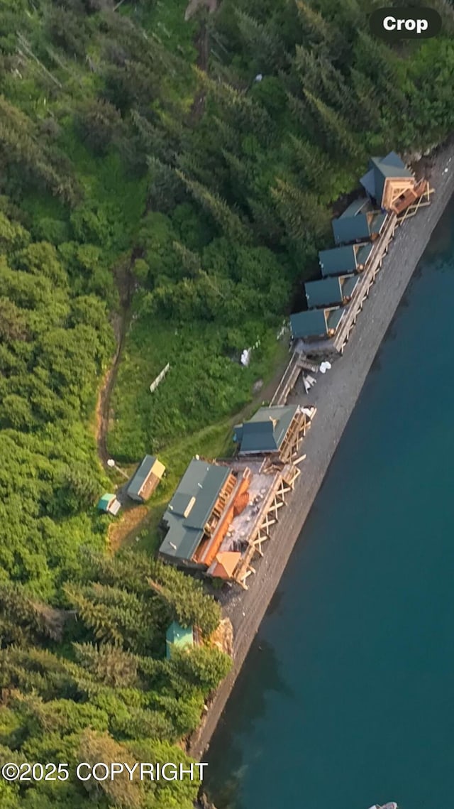 aerial view of property and surrounding area featuring a nearby body of water and a heavily wooded area