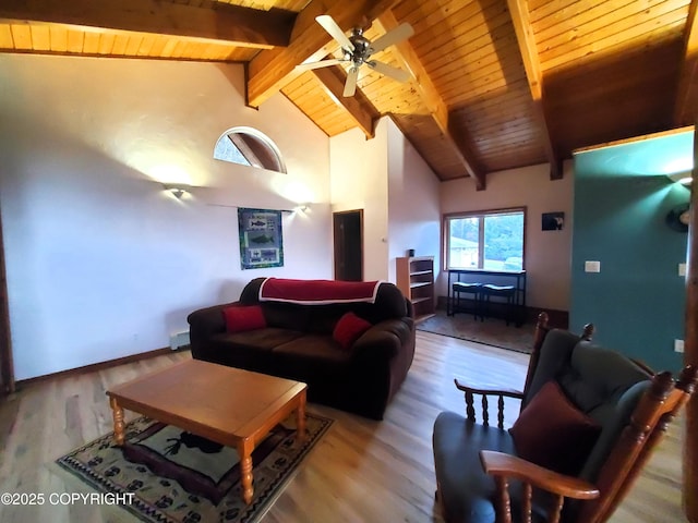 living room featuring wooden ceiling, beam ceiling, wood finished floors, a ceiling fan, and high vaulted ceiling