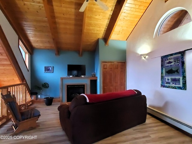 living room featuring a baseboard radiator, wooden ceiling, beamed ceiling, wood finished floors, and a fireplace