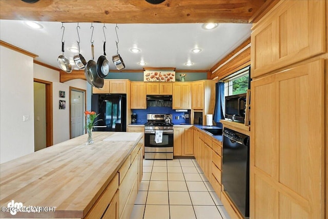 4510 Thomas Ct, Homer, AK 99603 - kitchen with black appliances, light brown cabinetry, butcher block counters, crown molding, and light tile patterned flooring