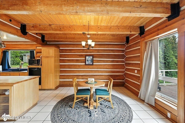 4510 Thomas Ct, Homer, AK 99603 - dining area with a wood ceiling with exposed beams, light tile patterned flooring, and rustic walls