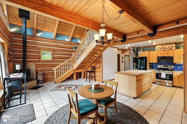 4510 Thomas Ct, Homer, AK 99603 - dining area featuring a wood ceiling with exposed beams, log walls, a wood stove, light tile patterned flooring, and stairway