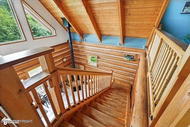 4510 Thomas Ct, Homer, AK 99603 - stairs featuring rustic walls, wood ceiling, and wood-type flooring