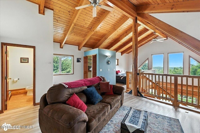 4510 Thomas Ct, Homer, AK 99603 - living area featuring a ceiling fan, light wood-style floors, and wooden ceiling