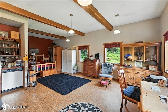 4510 Thomas Ct, Homer, AK 99603 - kitchen with stainless steel dishwasher, wood finished floors, beam ceiling, and decorative light fixtures