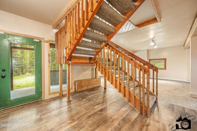 4800 W Lucy Lake Rd, Wasilla, AK 99623 - stairs featuring plenty of natural light, wood finished floors, baseboards, and track lighting