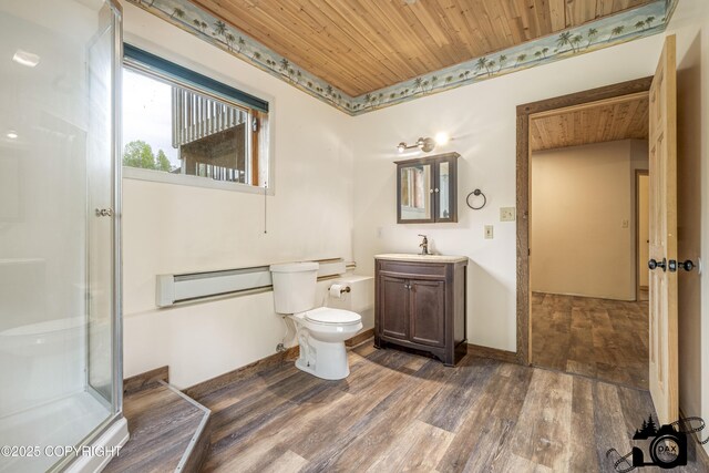 4800 W Lucy Lake Rd, Wasilla, AK 99623 - bathroom with wood ceiling, toilet, wood finished floors, vanity, and a stall shower