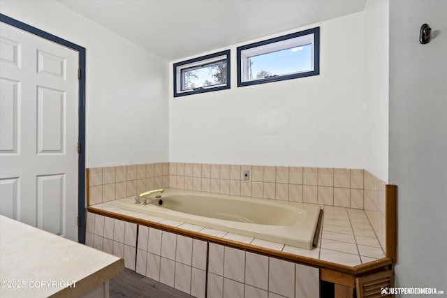 bathroom with wood finished floors and a garden tub