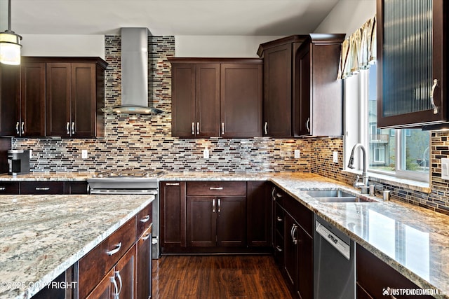 4187 Chiniak Bay Dr, Anchorage, AK 99515 - kitchen featuring wall chimney range hood, stainless steel appliances, a sink, dark wood finished floors, and dark brown cabinetry