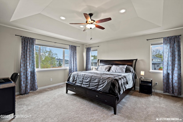 4187 Chiniak Bay Dr, Anchorage, AK 99515 - carpeted bedroom featuring a tray ceiling, baseboards, recessed lighting, and ceiling fan