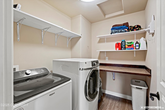 4187 Chiniak Bay Dr, Anchorage, AK 99515 - laundry area with washing machine and clothes dryer, dark wood finished floors, baseboards, and attic access