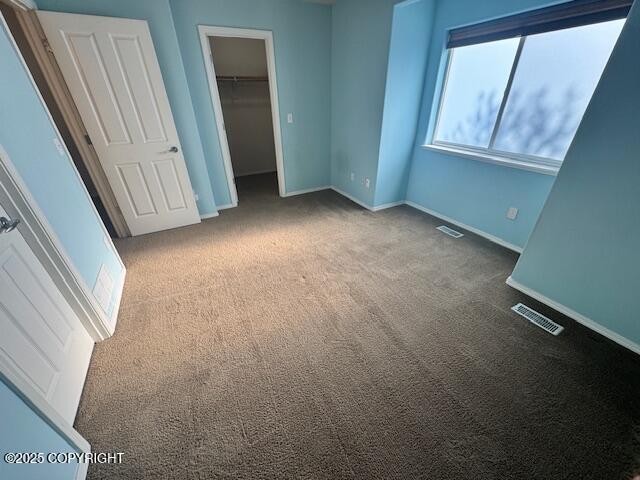 unfurnished bedroom featuring carpet floors, baseboards, a closet, and a walk in closet