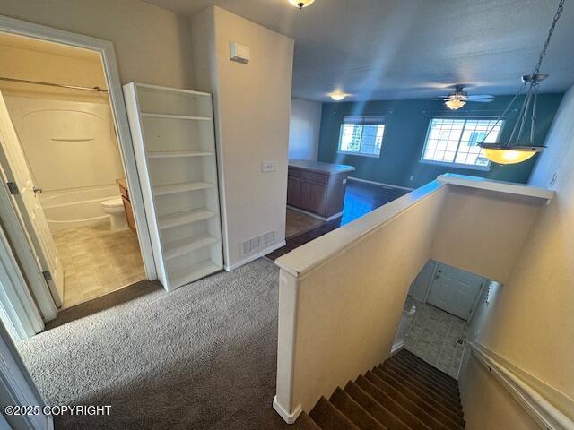 stairway featuring carpet and a ceiling fan