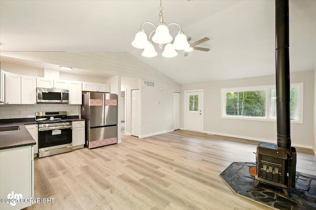 2411 N Friar Tuck Ct, Big Lake, AK 99623 - kitchen with appliances with stainless steel finishes, a wood stove, dark countertops, white cabinetry, and backsplash