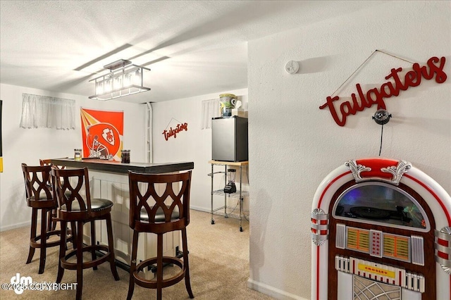 indoor dry bar with carpet floors, a textured wall, baseboards, and freestanding refrigerator