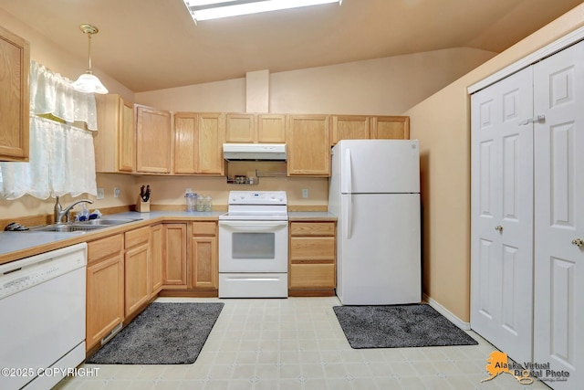 9500 Aphrodite Dr, Anchorage, AK 99515 - kitchen featuring white appliances, under cabinet range hood, vaulted ceiling, a sink, and light brown cabinets