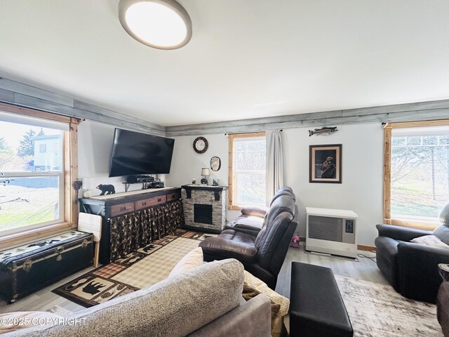 living room with heating unit, wood finished floors, and a stone fireplace