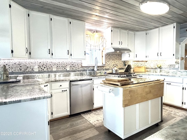 kitchen with dishwasher, white cabinetry, and under cabinet range hood