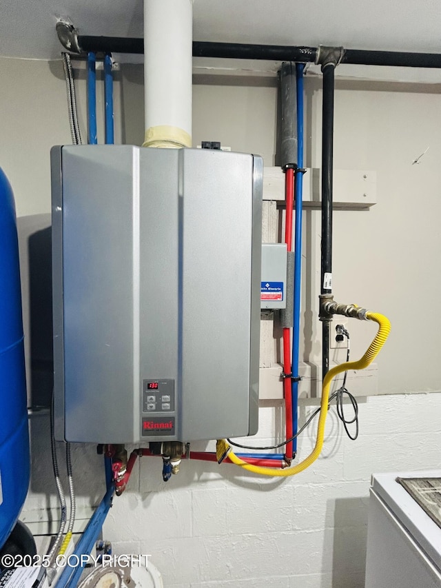 utility room featuring tankless water heater