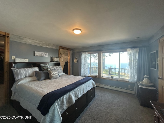 carpeted bedroom with baseboard heating