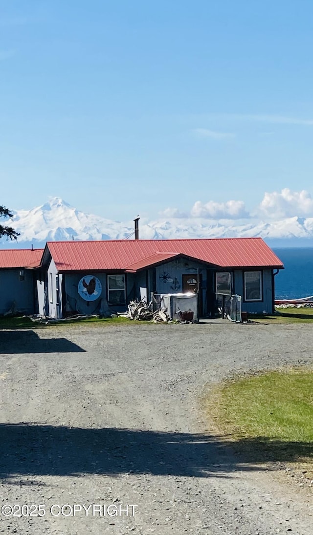 view of front of property with metal roof and a water view