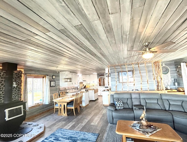 26957 Sterling Hwy, Anchor Point, AK 99556 - living room featuring wooden ceiling, dark wood-style flooring, ceiling fan, and a wood stove