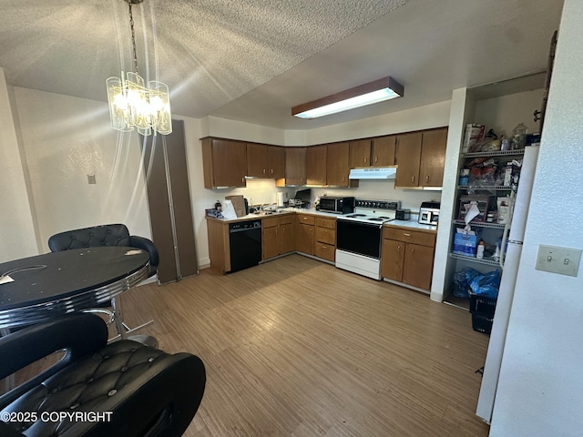 kitchen with white range with electric stovetop, black dishwasher, light countertops, under cabinet range hood, and light wood finished floors