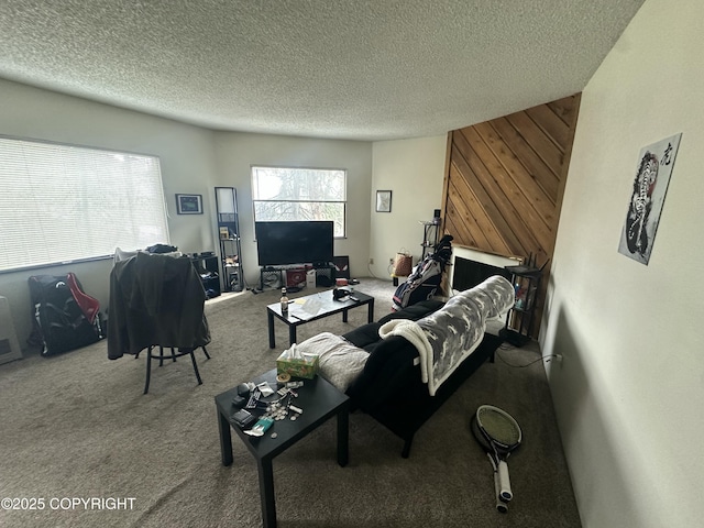 living area featuring carpet flooring, wood walls, and a textured ceiling