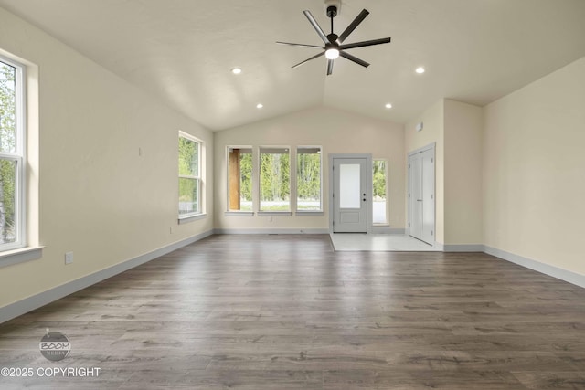 7254 E Riparian Loop, Palmer, AK 99645 - unfurnished living room with a ceiling fan, wood finished floors, recessed lighting, lofted ceiling, and baseboards