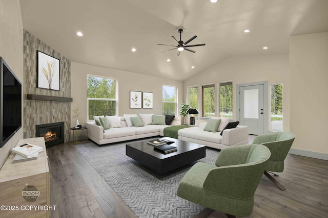 7254 E Riparian Loop, Palmer, AK 99645 - living room featuring recessed lighting, ceiling fan, wood finished floors, lofted ceiling, and a fireplace