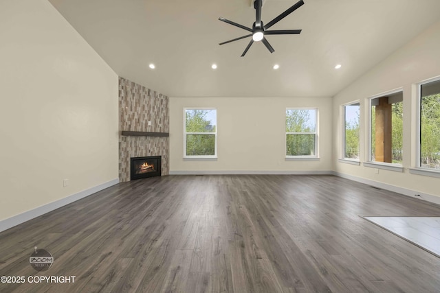 7254 E Riparian Loop, Palmer, AK 99645 - unfurnished living room with ceiling fan, recessed lighting, dark wood-type flooring, a fireplace, and baseboards