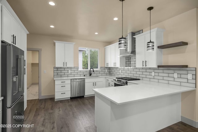 7254 E Riparian Loop, Palmer, AK 99645 - kitchen with stainless steel appliances, open shelves, wall chimney exhaust hood, a peninsula, and a sink