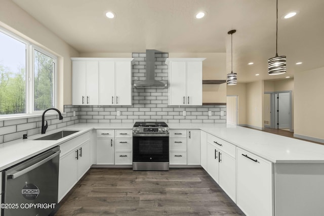 7254 E Riparian Loop, Palmer, AK 99645 - kitchen with appliances with stainless steel finishes, a sink, open shelves, a peninsula, and wall chimney exhaust hood