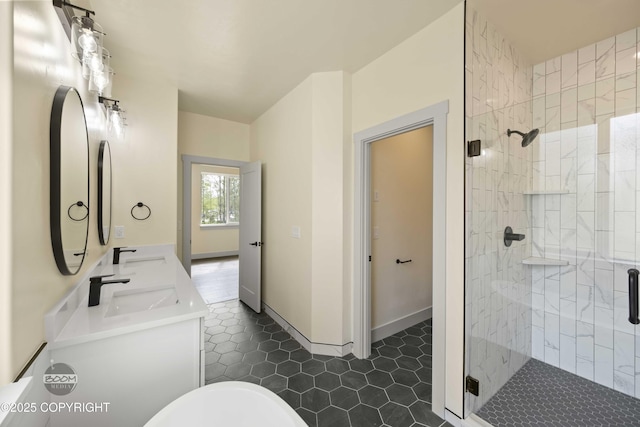 7254 E Riparian Loop, Palmer, AK 99645 - bathroom featuring a shower stall, tile patterned floors, and double vanity