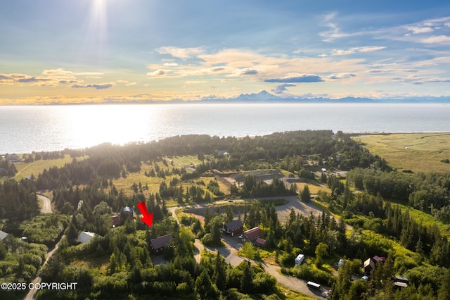 aerial overview of property's location featuring a nearby body of water
