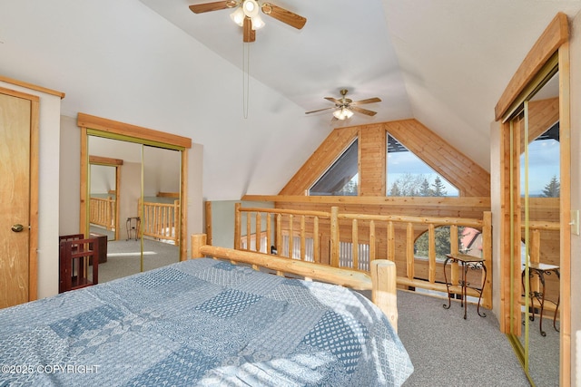 carpeted bedroom featuring a ceiling fan and high vaulted ceiling