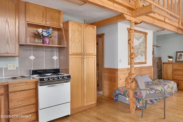 kitchen with white electric range oven, light wood finished floors, wainscoting, light countertops, and backsplash