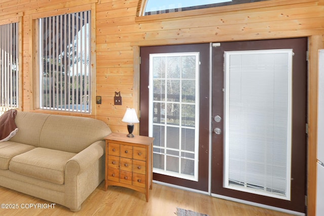 living area with wood walls and wood finished floors