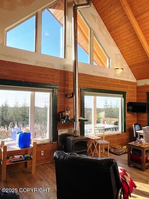 31580 Hannah Rene Rd, Anchor Point, AK 99556 - living room featuring wooden ceiling, wood finished floors, high vaulted ceiling, and beamed ceiling