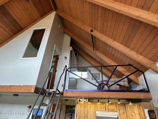 31580 Hannah Rene Rd, Anchor Point, AK 99556 - detailed view of wooden ceiling, beam ceiling, and track lighting