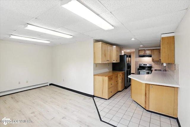 933 W 20th Ave, Anchorage, AK 99503 - kitchen with electric range, light brown cabinets, light wood-type flooring, black fridge, and baseboard heating