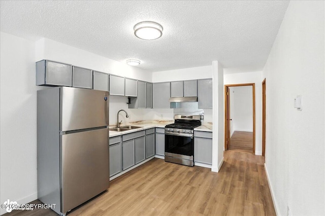 933 W 20th Ave, Anchorage, AK 99503 - kitchen featuring gray cabinetry, appliances with stainless steel finishes, a textured ceiling, light countertops, and light wood finished floors