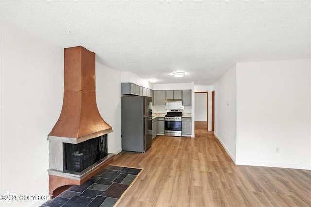 933 W 20th Ave, Anchorage, AK 99503 - kitchen featuring stainless steel appliances, light wood-style flooring, light countertops, gray cabinets, and a textured ceiling