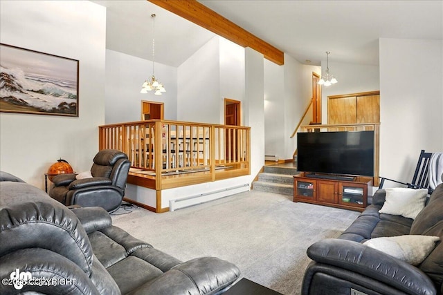 carpeted living area featuring a chandelier, baseboard heating, and stairway